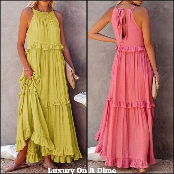Ruffle Sleeveless Tie Back Tiered Summer Pocket Oversized High-Low Maxi Dress - Picture 11 of 13